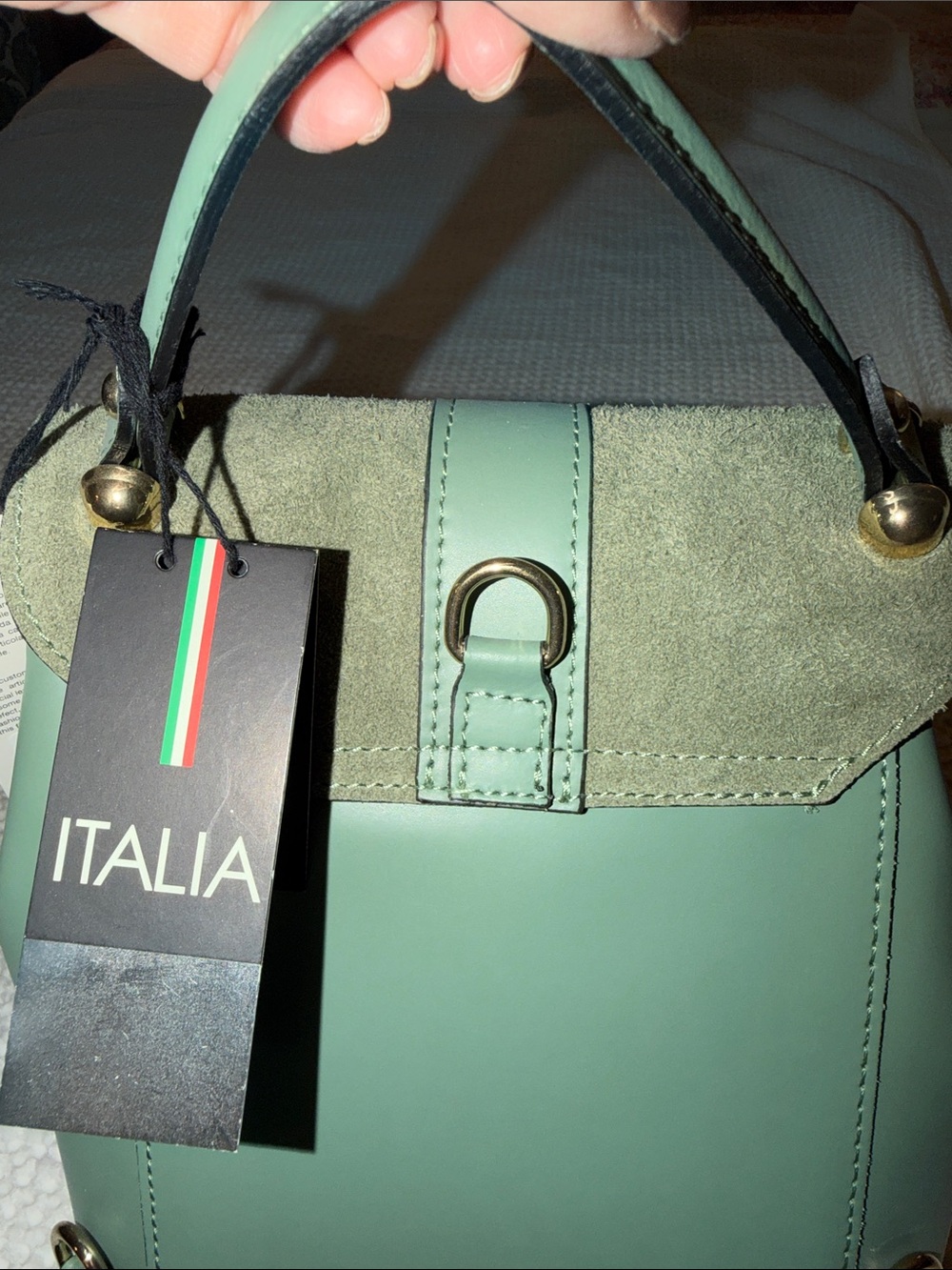 Viola Castellani Sage Green Leather Satchel with Suede Flap - Picture 6 of 6